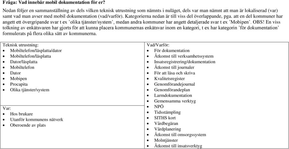 Kategorierna nedan är till viss del överlappande, pga. att en del kommuner har angett ett övergripande svar t ex olika tjänster/system, medan andra kommuner har angett detaljerade svar t ex Mobipen.