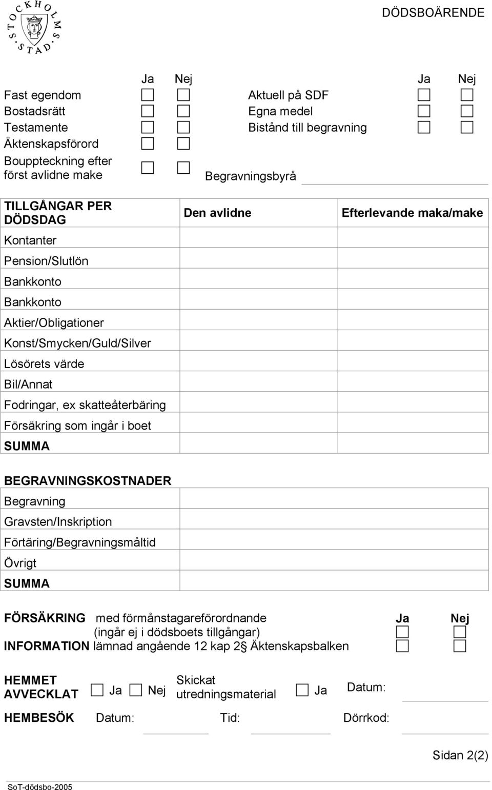 som ingår i boet SUMMA Den avlidne Efterlevande maka/make BEGRAVNINGSKOSTNADER Begravning Gravsten/Inskription Förtäring/Begravningsmåltid Övrigt SUMMA FÖRSÄKRING med