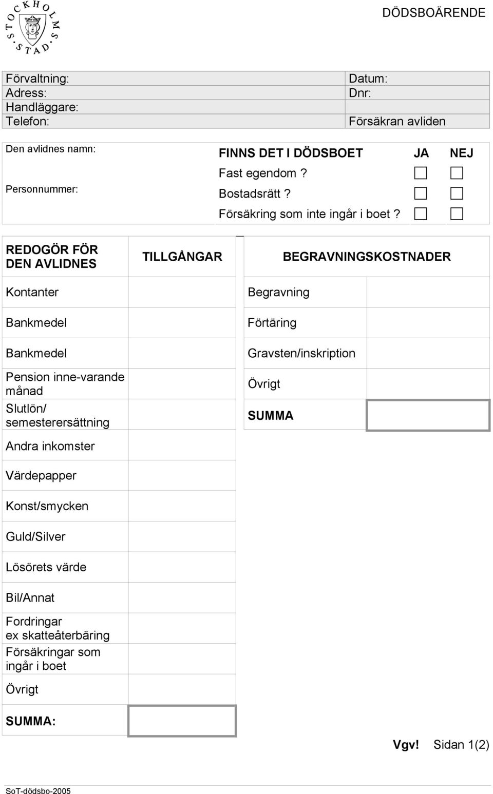 REDOGÖR FÖR DEN AVLIDNES Kontanter Bankmedel Bankmedel Pension inne-varande månad Slutlön/ semesterersättning Andra