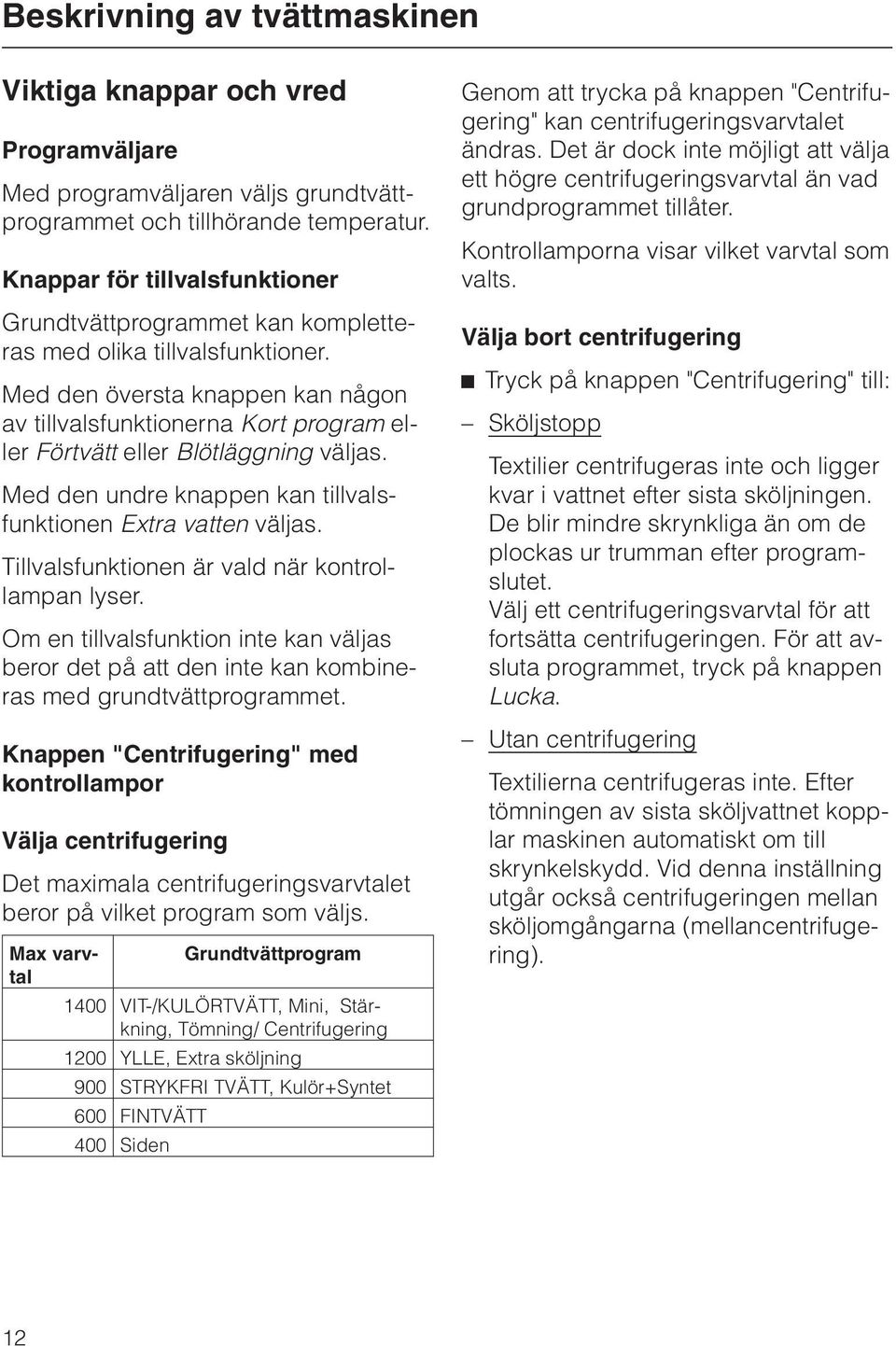 Med den översta knappen kan någon av tillvalsfunktionerna Kort program eller Förtvätt eller Blötläggning väljas. Med den undre knappen kan tillvalsfunktionen Extra vatten väljas.