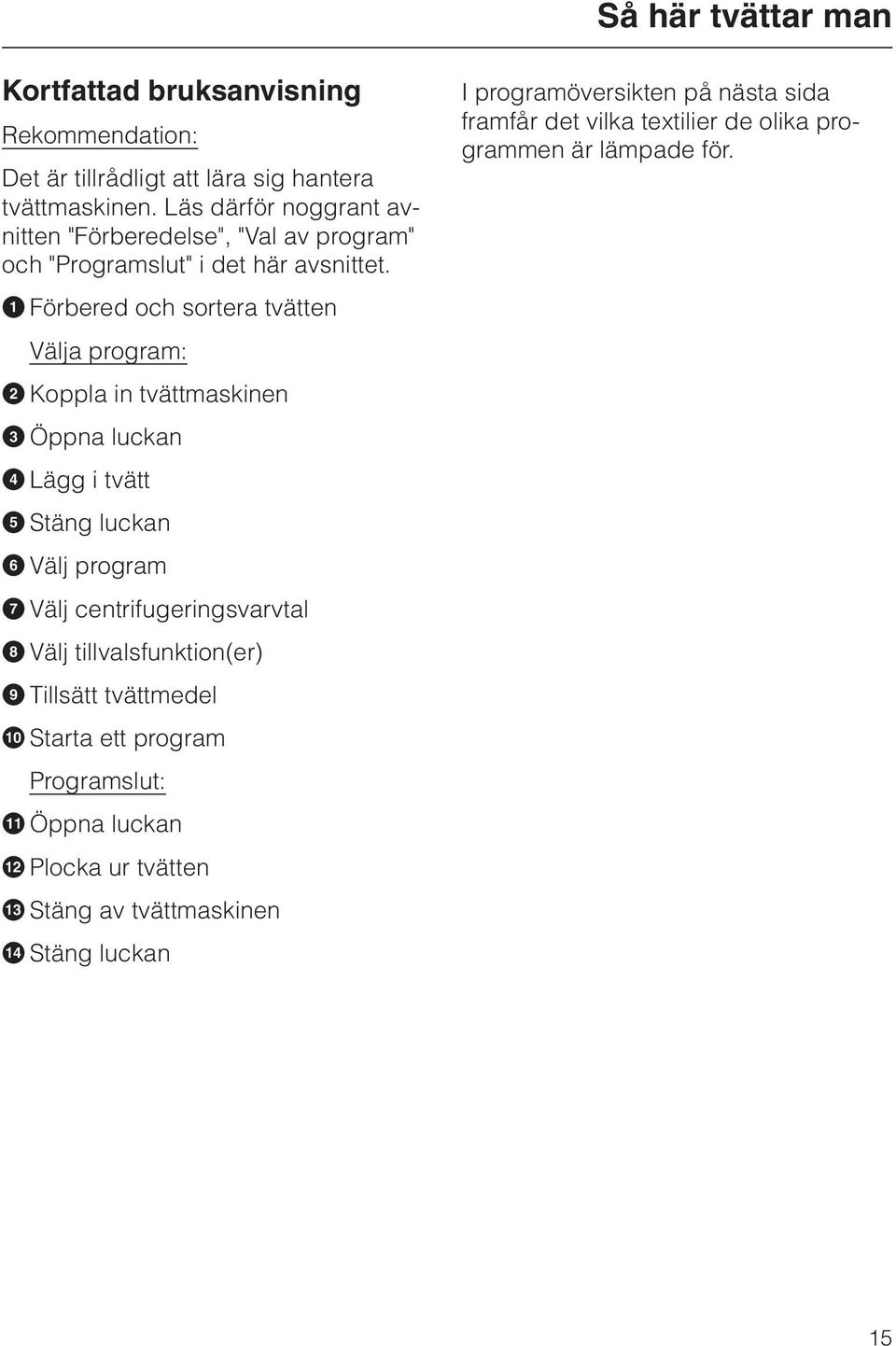 A Förbered och sortera tvätten Välja program: B Koppla in tvättmaskinen C Öppna luckan D Lägg i tvätt E Stäng luckan F Välj program G Välj