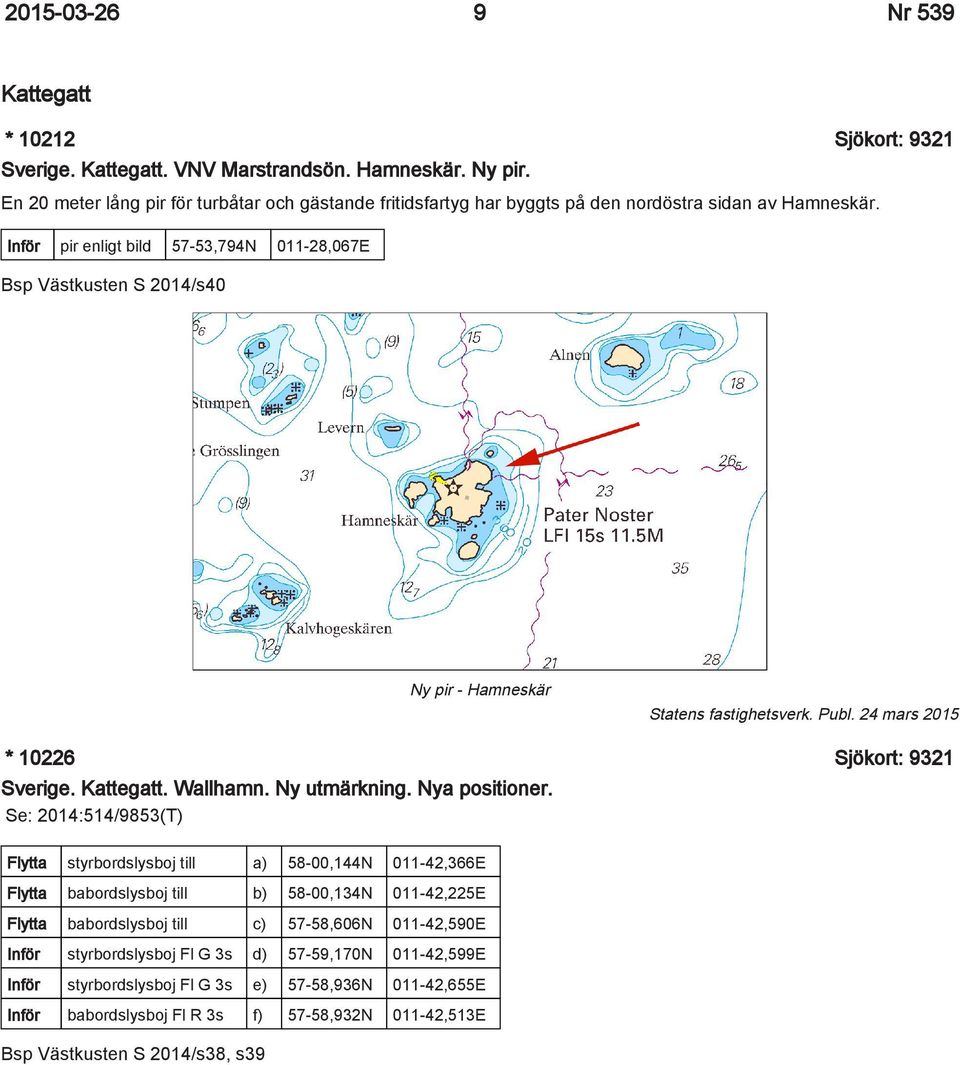 Inför pir enligt bild 57-53,794N 011-28,067E Bsp Västkusten S 2014/s40 Ny pir - Hamneskär Statens fastighetsverk. Publ. 24 mars 2015 * 10226 Sjökort: 9321 Sverige. Kattegatt. Wallhamn. Ny utmärkning.