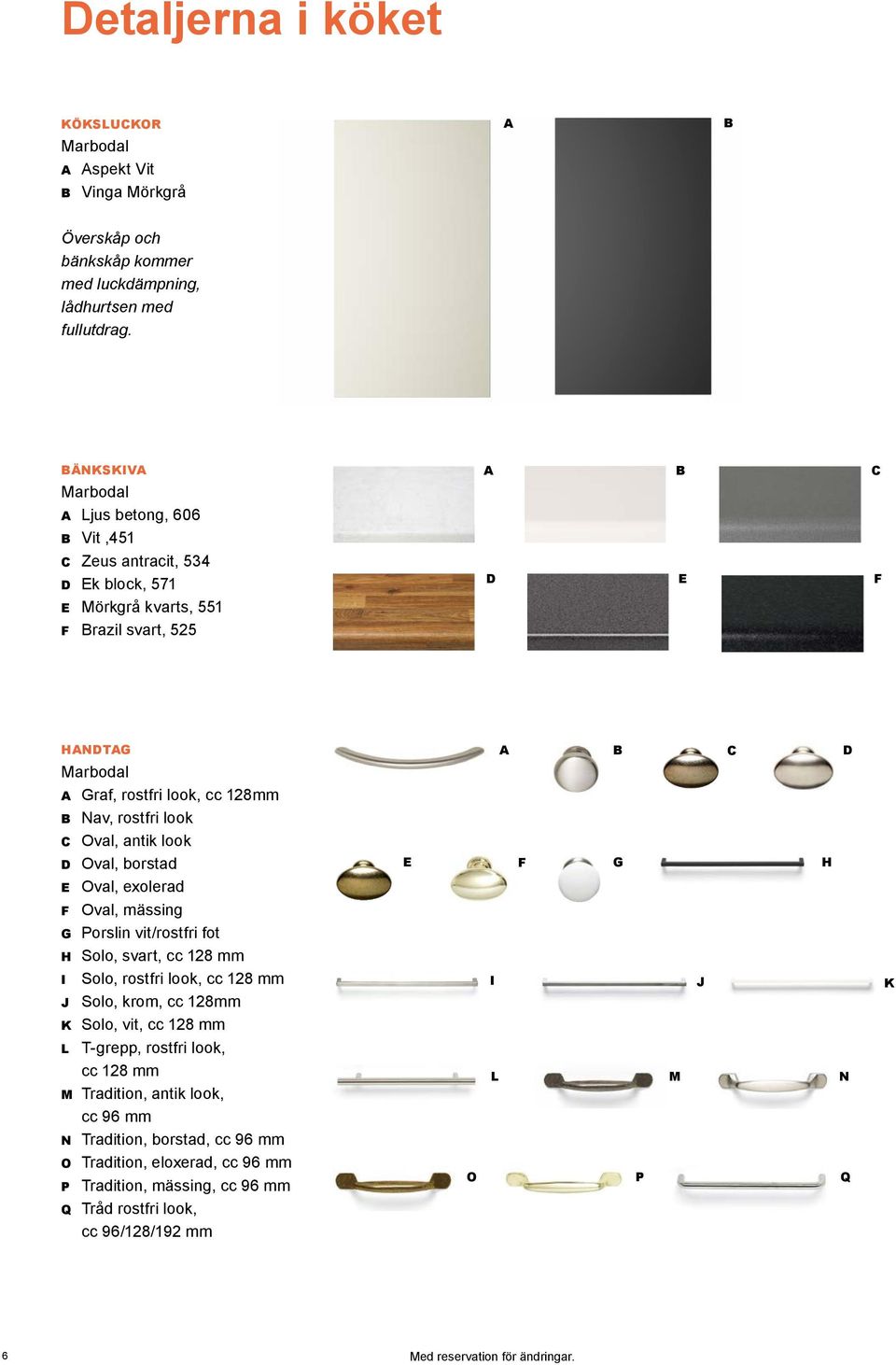 rostfri look C Oval, antik look D Oval, borstad E Oval, exolerad F Oval, mässing G Porslin vit/rostfri fot H Solo, svart, cc 128 mm I Solo, rostfri look, cc 128 mm J Solo, krom, cc 128mm K Solo, vit,