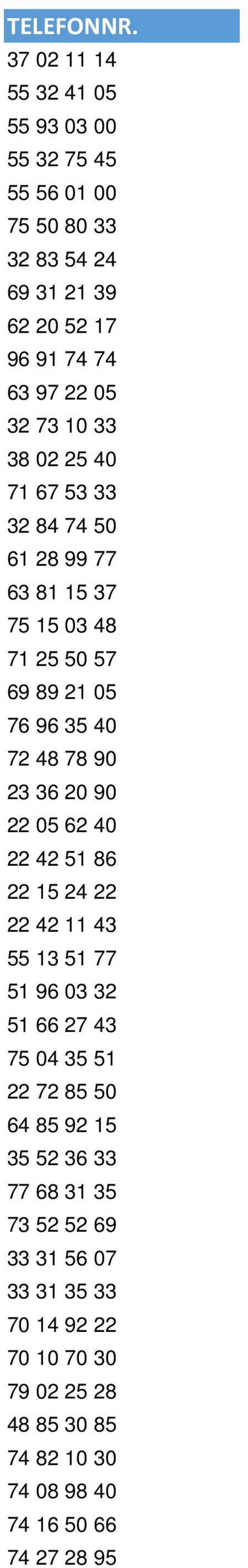 33 38 02 25 40 71 67 53 33 32 84 74 50 61 28 99 77 63 81 15 37 75 15 03 48 71 25 50 57 69 89 21 05 76 96 35 40 72 48 78 90 23 36 20 90 22 05