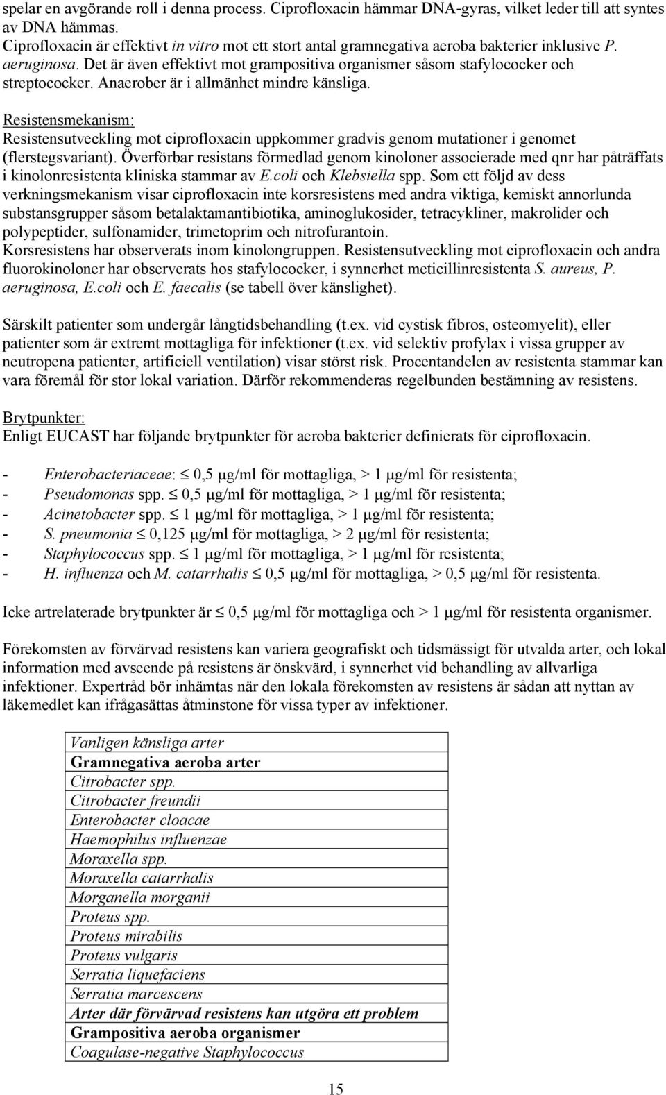 Anaerober är i allmänhet mindre känsliga. Resistensmekanism: Resistensutveckling mot ciprofloxacin uppkommer gradvis genom mutationer i genomet (flerstegsvariant).