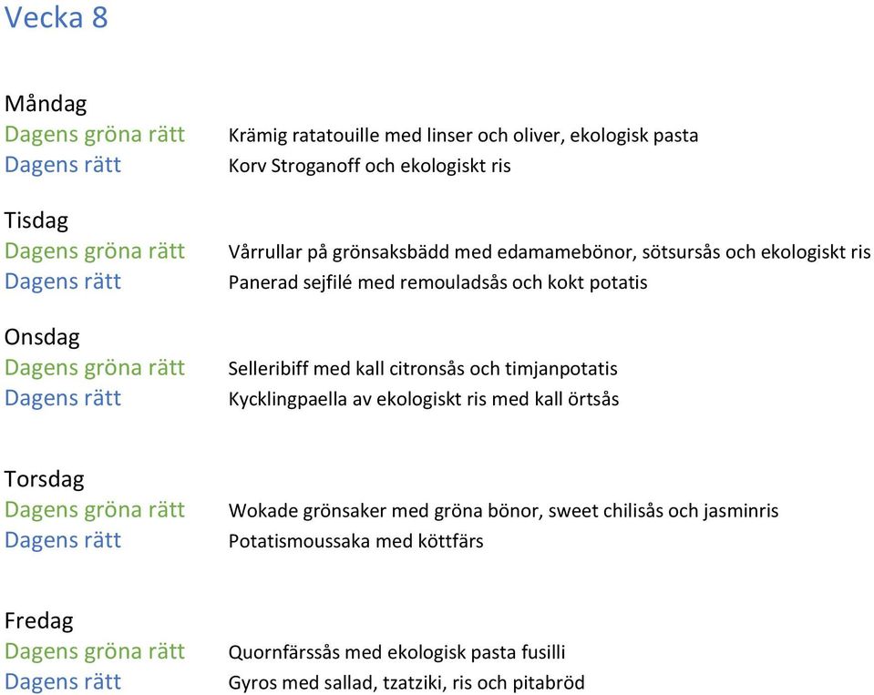 kall citronsås och timjanpotatis Kycklingpaella av ekologiskt ris med kall örtsås Wokade grönsaker med gröna bönor, sweet