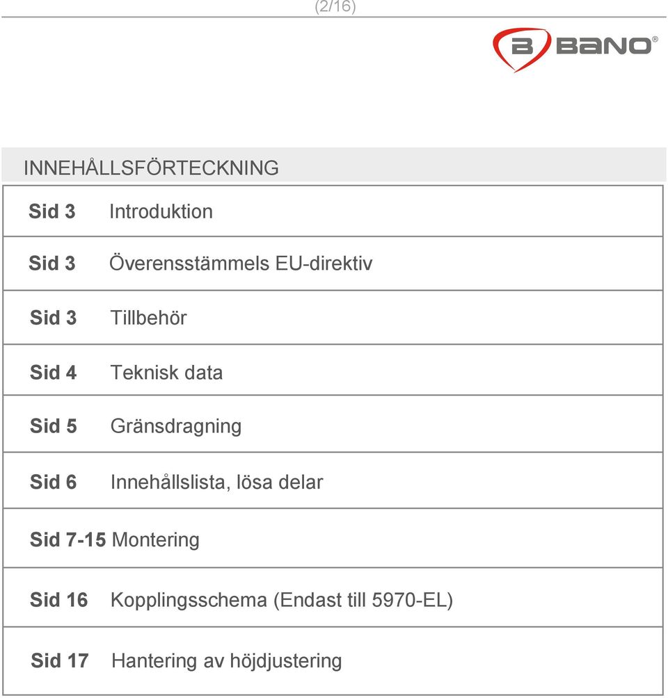 Gränsdragning Innehållslista, lösa delar Sid 7-15 Montering Sid 16