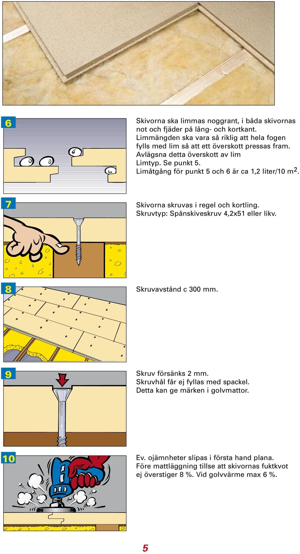 Limåtgång för punkt 5 och 6 är ca 1,2 liter/10 m 2. 7 Skivorna skruvas i regel och kortling. Skruvtyp: Spånskiveskruv 4,2x51 eller likv.