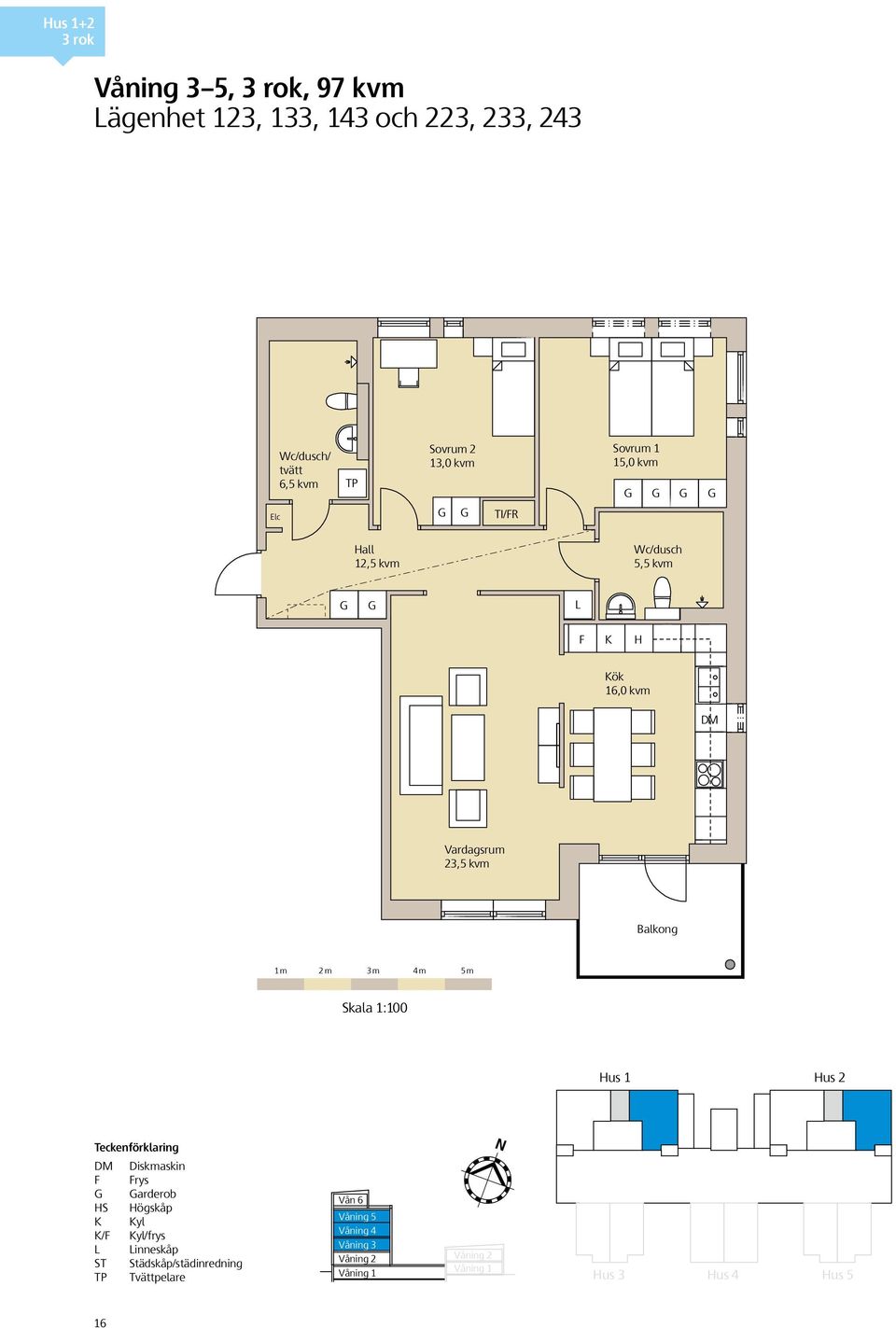 4 m 5m Skala 1:100 Hus 2 LH PLAN 3-5 3 RoK 97 m² g 2 g 1 Teckenförklaring DM Diskmaskin F Frys arderob HS Högskåp K