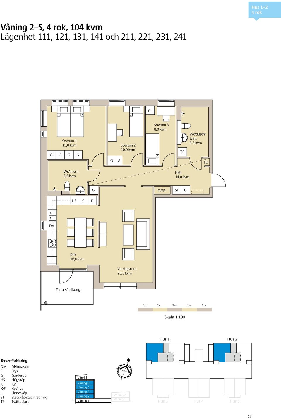 23,5 kvm Terrass/balkong 1 m 2 m 3 m 4 m 5m LH-PLAN 2 4 RoK 104 m² Skala 1:100 Teckenförklaring DM F HS K K/F L ST