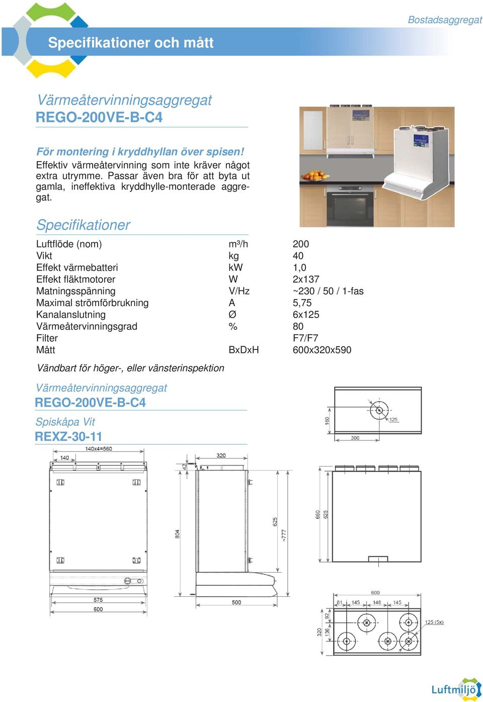 Specifi kationer Luftfl öde (nom) m³/h 200 Vikt kg 40 Effekt värmebatteri kw 1,0 Effekt fl äktmotorer W 2x137 Matningsspänning V/Hz ~230 / 50 /