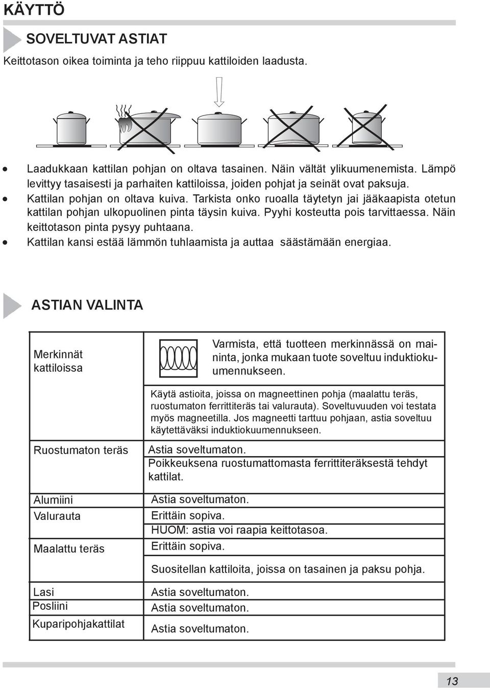 Tarkista onko ruoalla täytetyn jai jääkaapista otetun kattilan pohjan ulkopuolinen pinta täysin kuiva. Pyyhi kosteutta pois tarvittaessa. Näin keittotason pinta pysyy puhtaana.