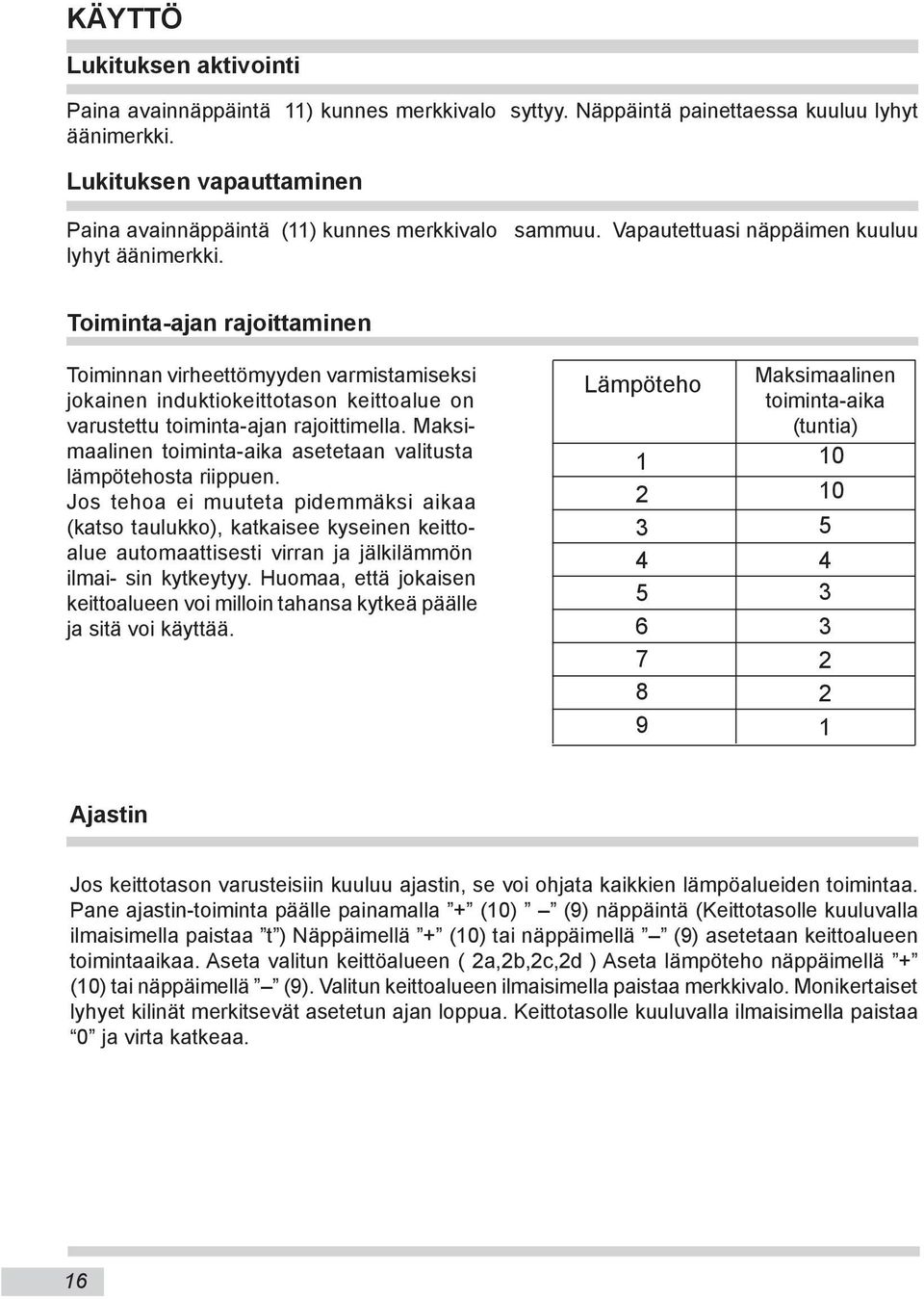 Toiminta-ajan rajoittaminen Toiminnan virheettömyyden varmistamiseksi jokainen induktiokeittotason keittoalue on varustettu toiminta-ajan rajoittimella.