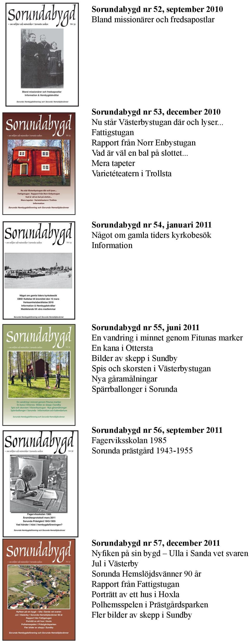 .. Mera tapeter Varietéteatern i Trollsta Sorundabygd nr 54, januari 2011 Något om gamla tiders kyrkobesök Sorundabygd nr 55, juni 2011 En vandring i minnet genom Fitunas marker En kana i Ottersta
