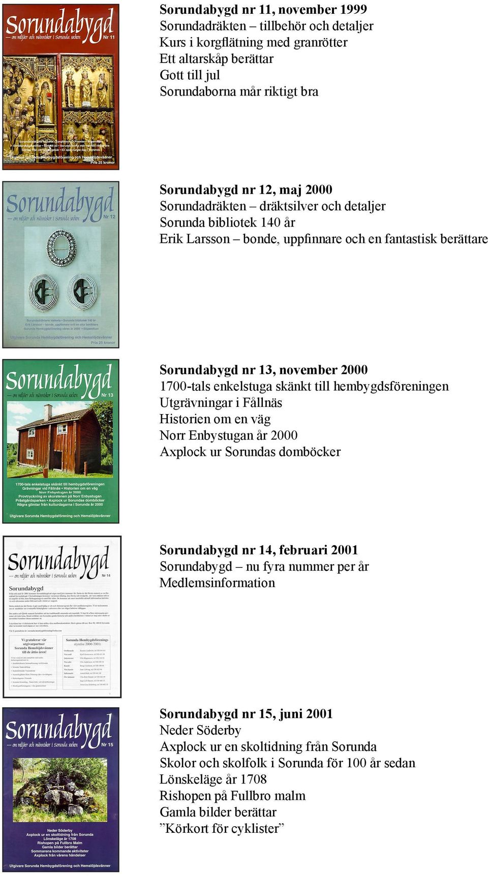 hembygdsföreningen Utgrävningar i Fållnäs Historien om en väg Norr Enbystugan år 2000 Axplock ur Sorundas domböcker Sorundabygd nr 14, februari 2001 Sorundabygd nu fyra nummer per år Sorundabygd nr