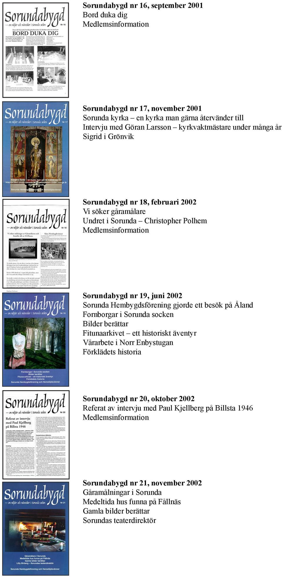 besök på Åland Fornborgar i Sorunda socken Bilder berättar Fitunaarkivet ett historiskt äventyr Vårarbete i Norr Enbystugan Förklädets historia Sorundabygd nr 20, oktober 2002