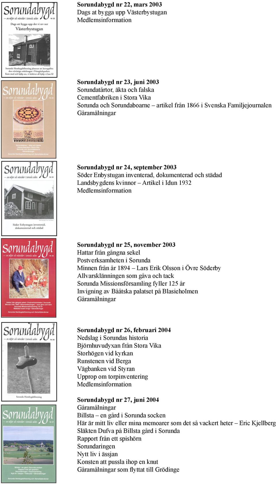 Hattar från gångna sekel Postverksamheten i Sorunda Minnen från år 1894 Lars Erik Olsson i Övre Söderby Allvarsklänningen som gåva och tack Sorunda Missionsförsamling fyller 125 år Invigning av