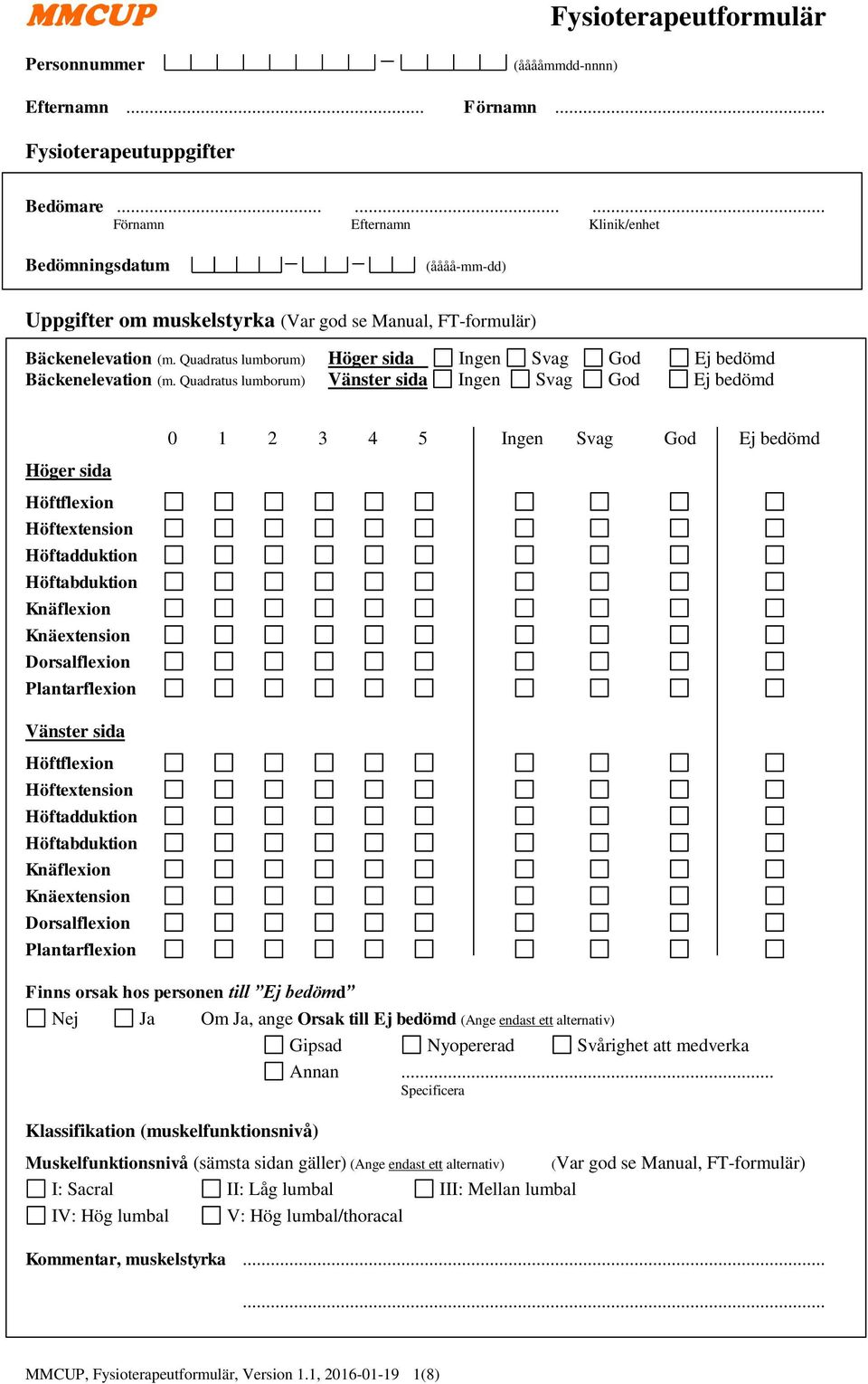 Quadratus lumborum) Vänster sida Ingen Svag God Ej bedömd Höger sida Höftflexion Höftextension Höftadduktion Höftabduktion Knäflexion Knäextension Dorsalflexion Plantarflexion Vänster sida
