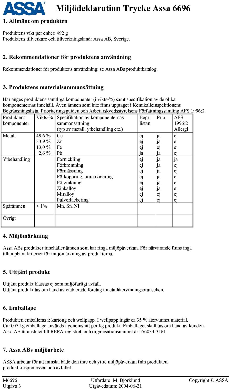 Produktens materialsammansättning Här anges produktens samtliga komponenter (i vikts-%) samt specifikation av de olika komponenternas innehåll.