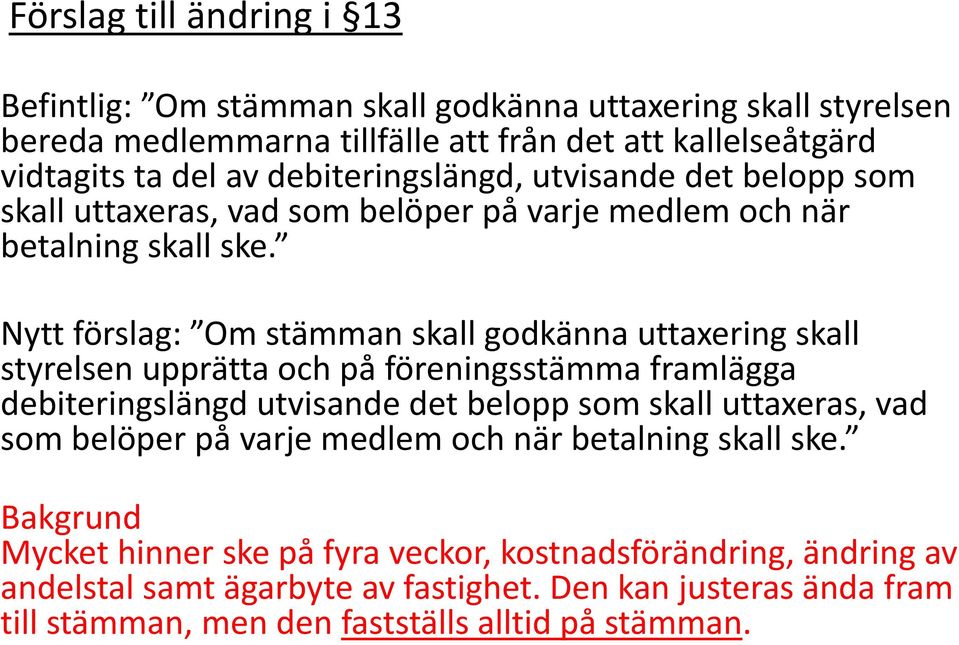 Nytt förslag: Om stämman skall godkänna uttaxering skall styrelsen upprätta och på föreningsstämma framlägga debiteringslängd utvisande det belopp som skall uttaxeras, vad som