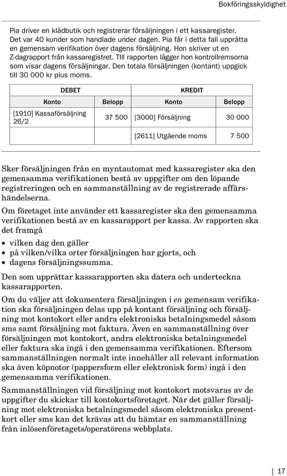 TIll rapporten lägger hon kontroll remsorna som visar dagens försäljningar. Den totala försäljningen ( kontant) uppgick till 30 000 kr plus moms.