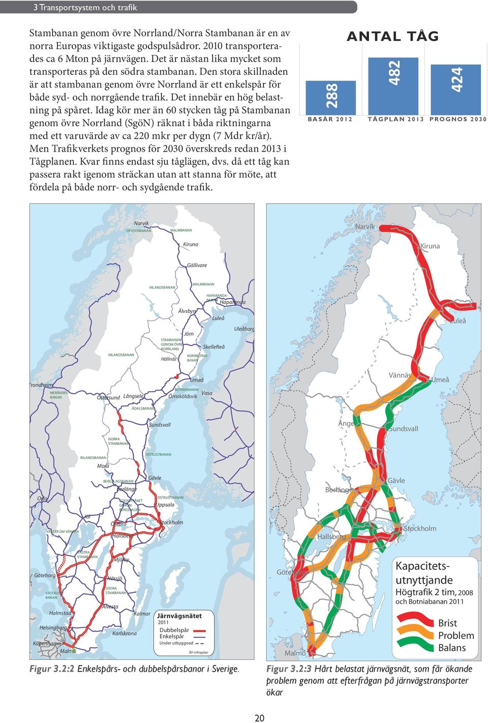 Det innebär en hög belastning på spåret. Idag kör mer än 60 stycken tåg på Stambanan genom övre Norrland (SgöN) räknat i båda riktningarna med ett varuvärde av ca 220 mkr per dygn (7 Mdr kr/år).