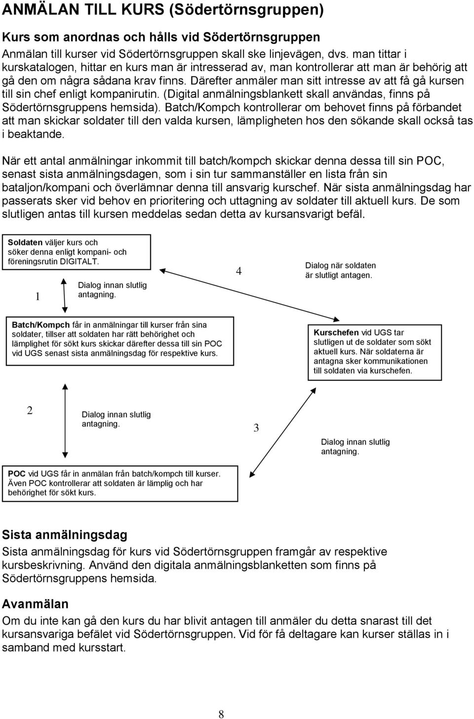 Därefter anmäler man sitt intresse av att få gå kursen till sin chef enligt kompanirutin. (Digital anmälningsblankett skall användas, finns på Södertörnsgruppens hemsida).