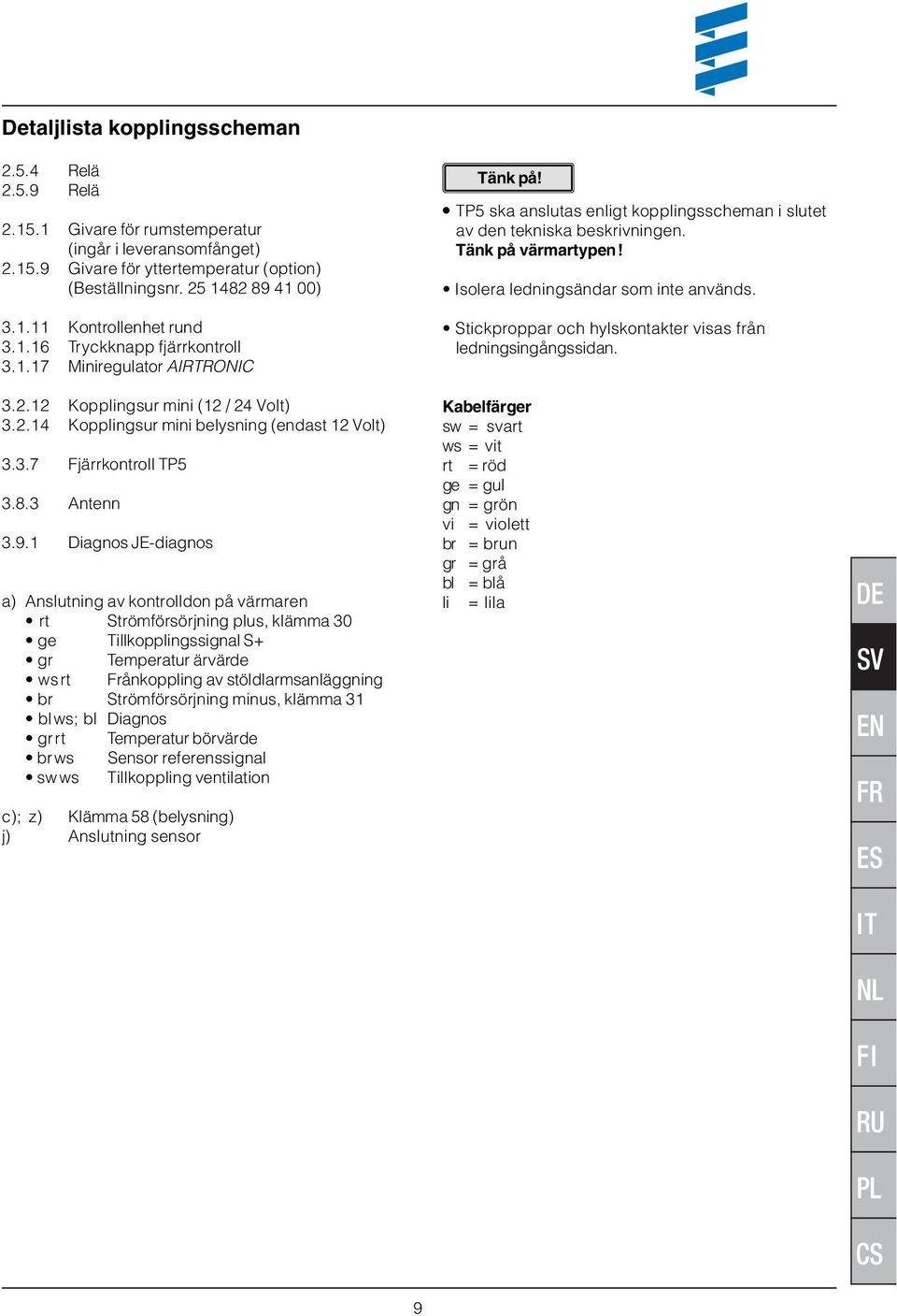 1 Diagnos JE-diagnos a) Anslutning av kontrolldon på värmaren rt Strömförsörjning plus, klämma 30 ge Tillkopplingssignal S+ gr Temperatur ärvärde wsrt Frånkoppling av stöldlarmsanläggning br