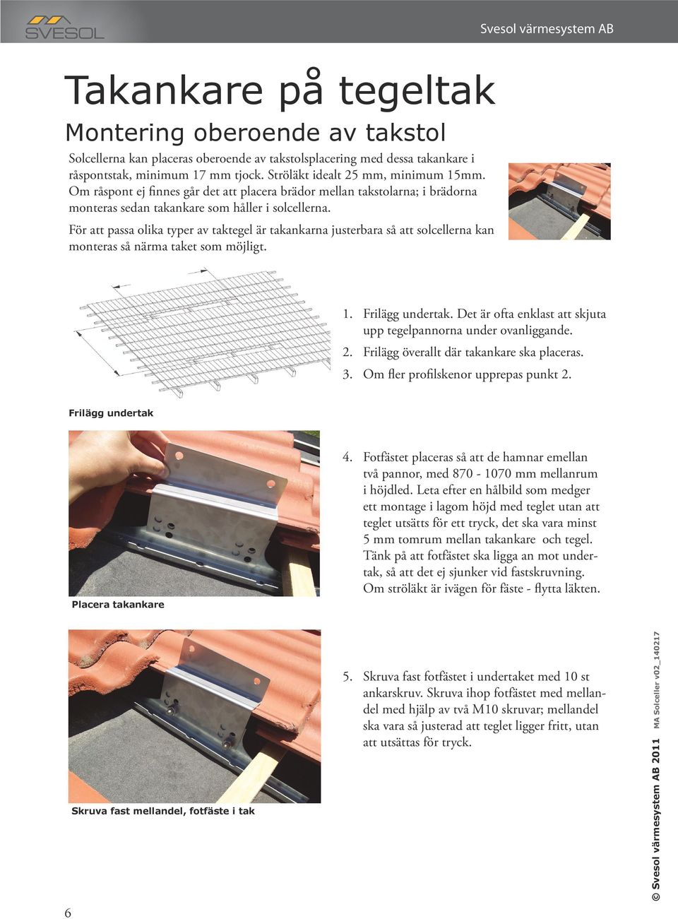 För att passa olika typer av taktegel är takankarna justerbara så att solcellerna kan monteras så närma taket som möjligt. 1. Frilägg undertak.