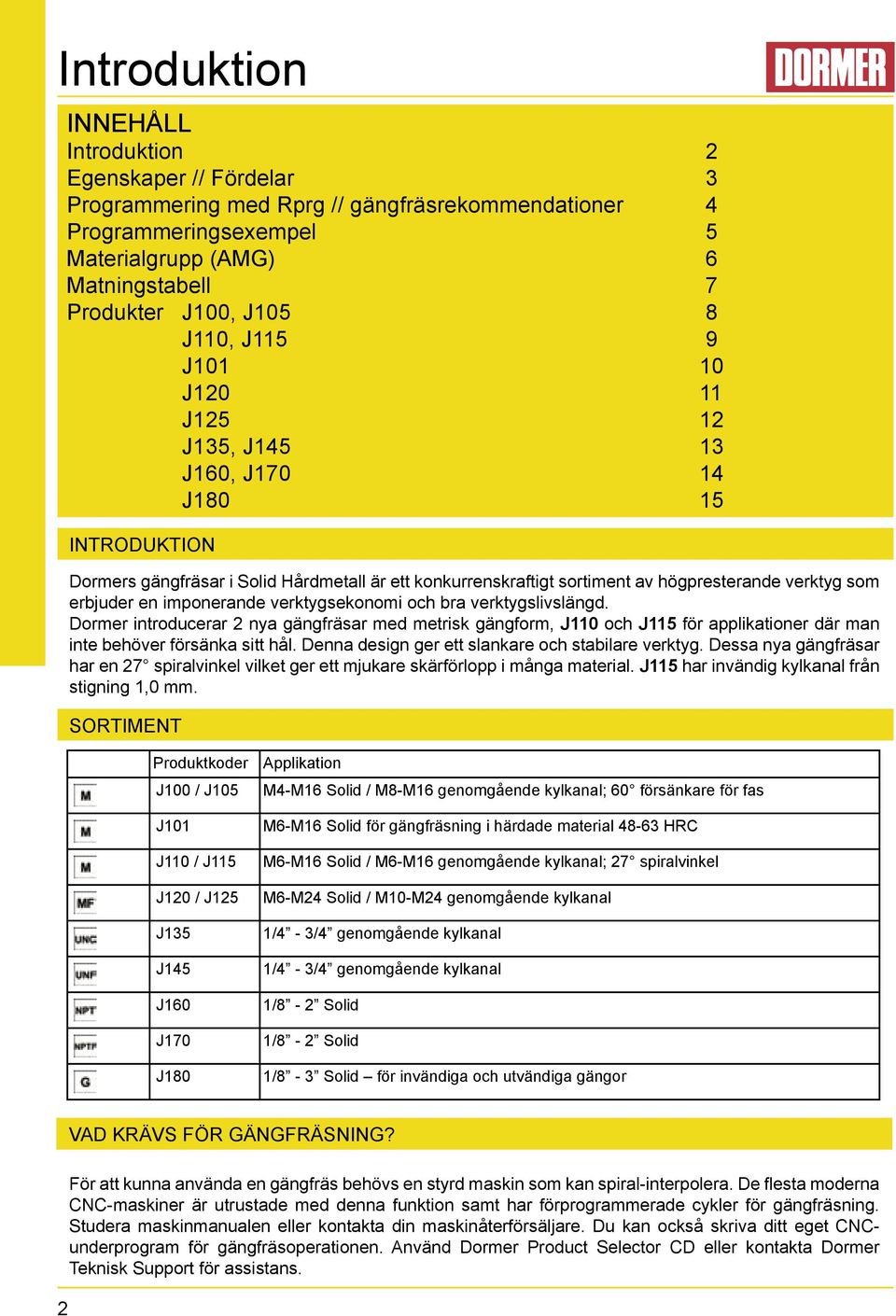 imponerande verktygsekonomi och bra verktygslivslängd. Dormer introducerar 2 nya gängfräsar med metrisk gängform, J110 och J115 för applikationer där man inte behöver försänka sitt hål.