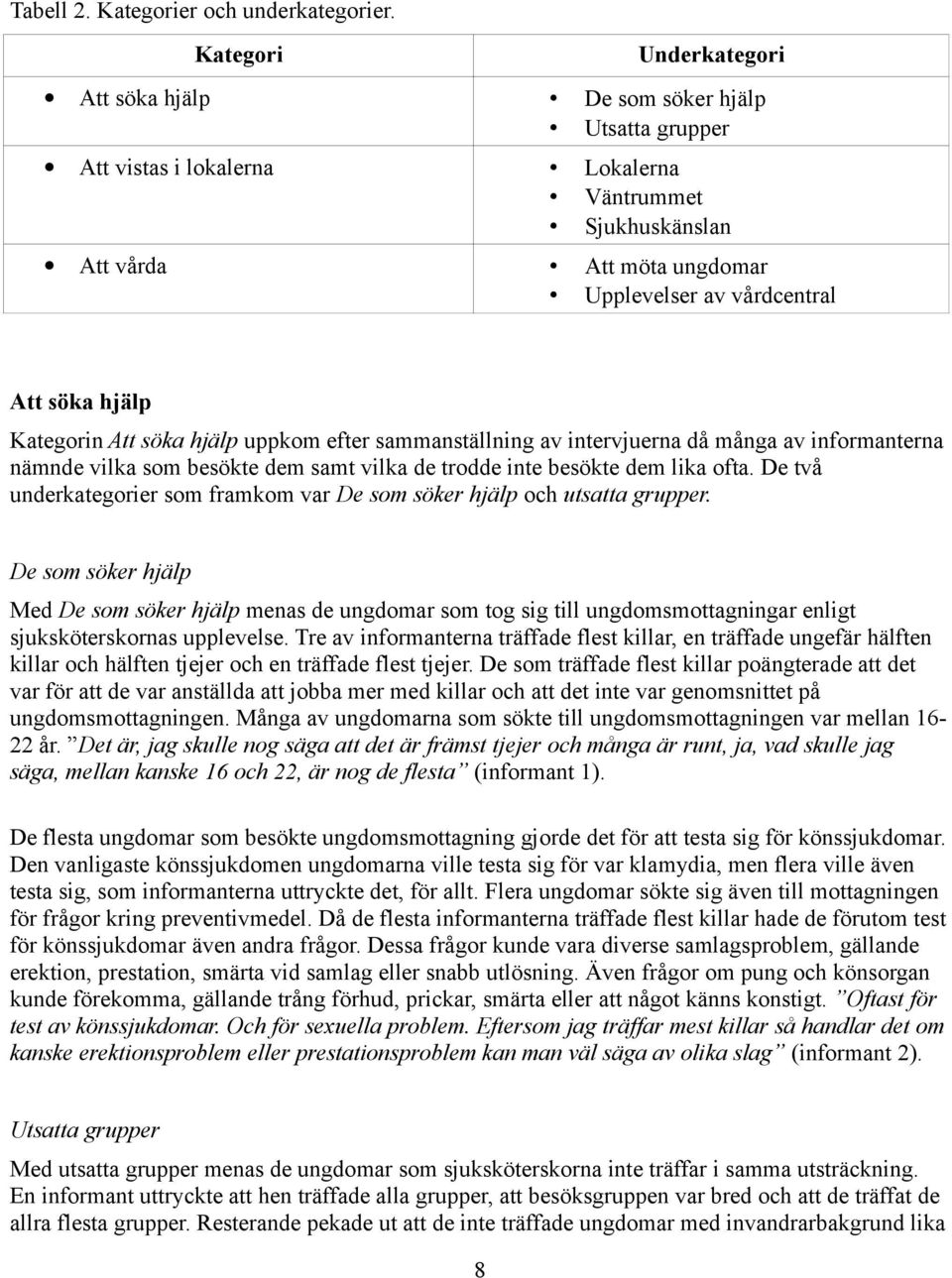 hjälp Kategorin Att söka hjälp uppkom efter sammanställning av intervjuerna då många av informanterna nämnde vilka som besökte dem samt vilka de trodde inte besökte dem lika ofta.