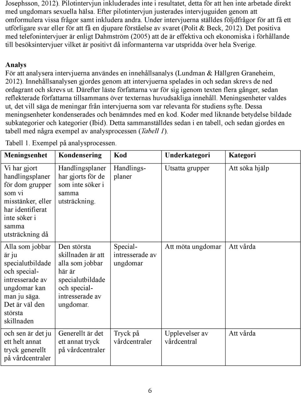 Under intervjuerna ställdes följdfrågor för att få ett utförligare svar eller för att få en djupare förståelse av svaret (Polit & Beck, 2012).
