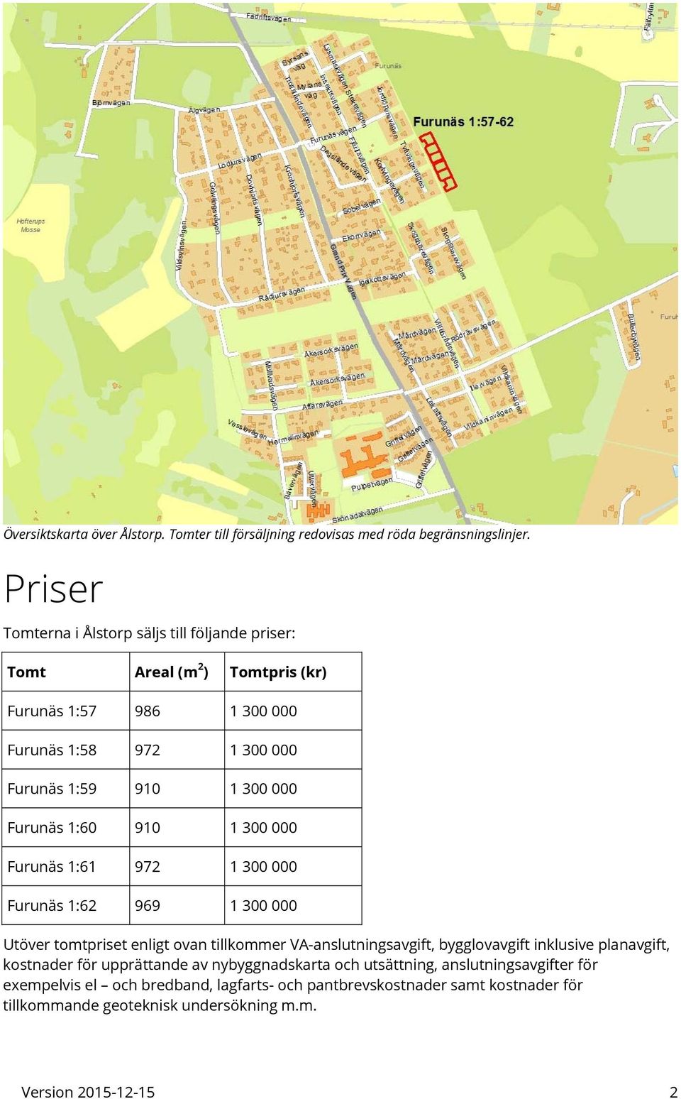 Furunäs 1:60 910 1 300 000 Furunäs 1:61 972 1 300 000 Furunäs 1:62 969 1 300 000 Utöver tomtpriset enligt ovan tillkommer VA-anslutningsavgift, bygglovavgift