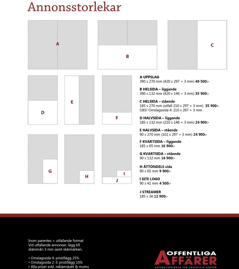 x 297 + 3 mm) 24 900:- F KVARTSIDA liggande 185 x 65 mm 16 900:- G KVARTSIDA stående 90 x 132 mm 16 900:- G H J I H ÅTTONDELS sida 90 x 65 mm 9 900:- I