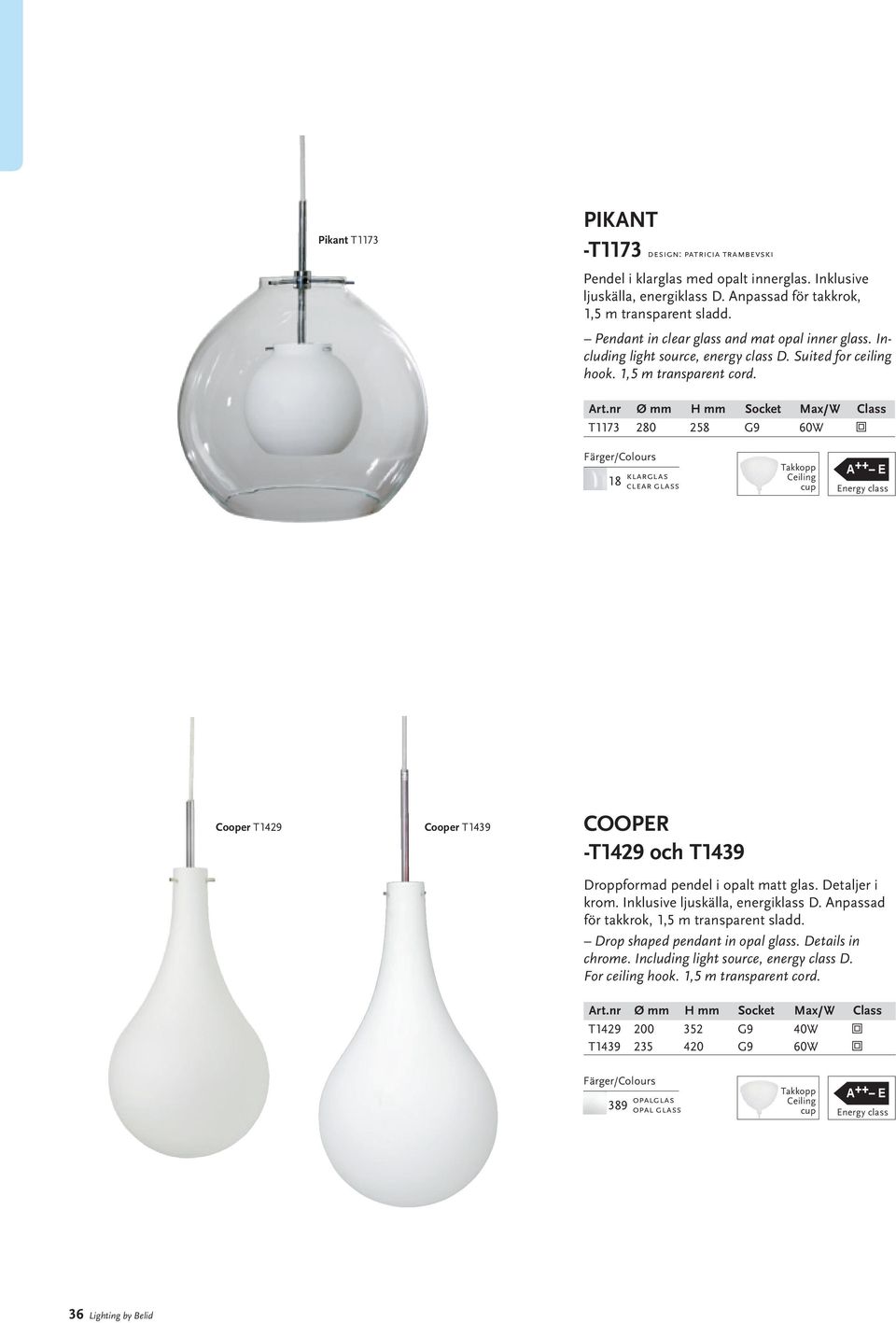 nr Ø mm H mm Socket Max/W Class T1173 280 258 G9 60W 18 klarglas clear glass Cooper T1429 Cooper T1439 COOPER -T1429 och T1439 Droppformad pendel i opalt matt glas. Detaljer i krom.