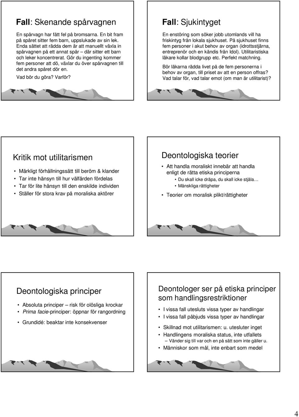 Gör du ingenting kommer fem personer att dö, växlar du över spårvagnen till det andra spåret dör en. Vad bör du göra? Varför?