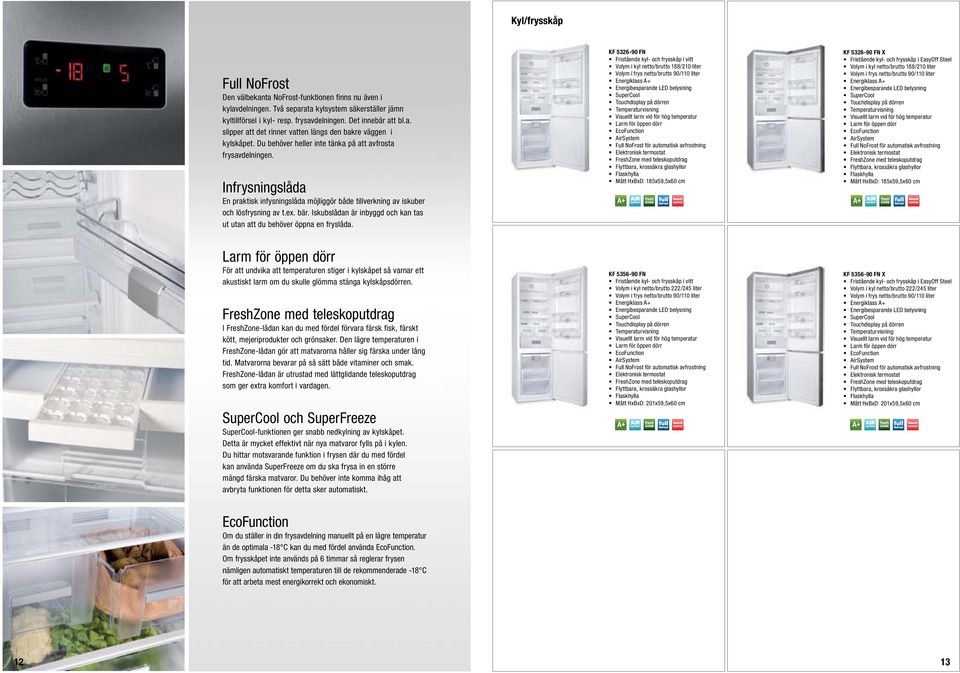 Infrysningslåda KF 5326-90 FN Fristående kyl- och frysskåp i vitt Volym i kyl netto/brutto 188/210 liter Volym i frys netto/brutto 90/110 liter Energiklass A+ Energibesparande LED belysning SuperCool