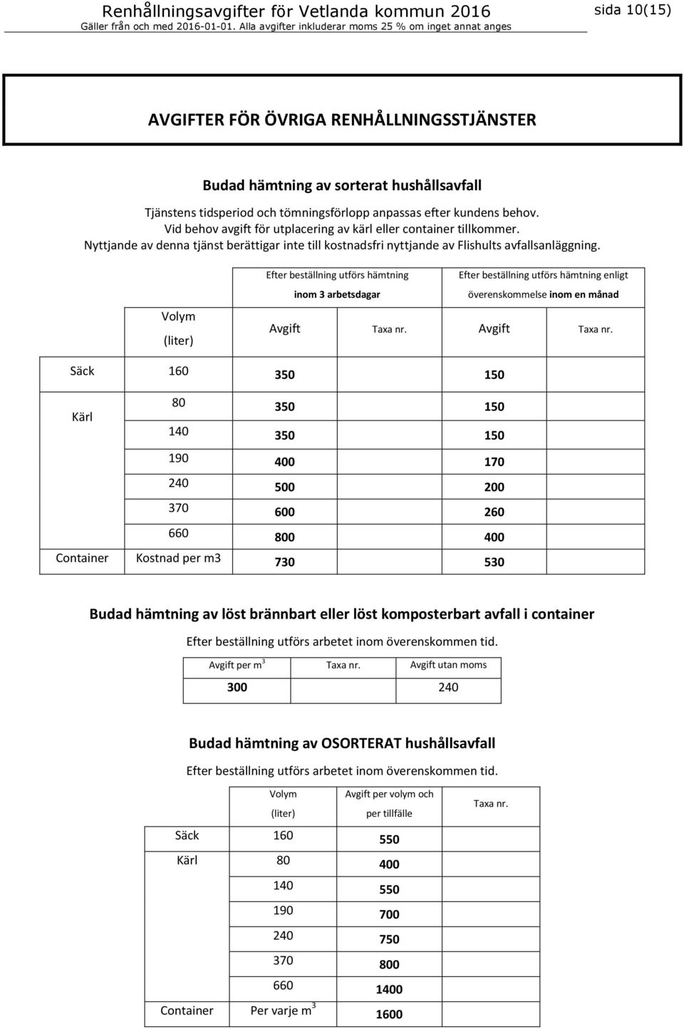 Efter beställning utförs hämtning inom 3 arbetsdagar Efter beställning utförs hämtning enligt överenskommelse inom en månad Avgift Avgift Säck 160 350 150 Kärl 80 350 150 140 350 150 190 400 170 240