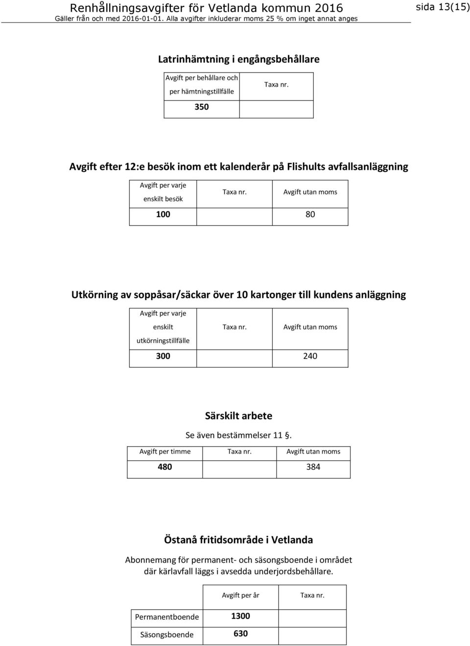 varje enskilt Avgift utan utkörningstillfälle 300 240 Särskilt arbete Se även bestämmelser 11.