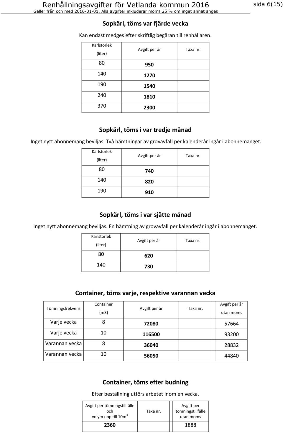 80 740 140 820 190 910 Sopkärl, töms i var sjätte månad Inget nytt abonnemang beviljas. En hämtning av grovavfall per kalenderår ingår i abonnemanget.