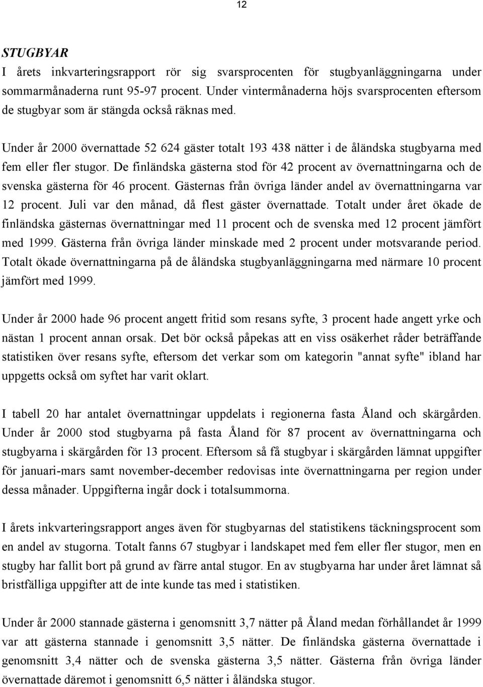 Under år 2000 övernattade 52 624 gäster totalt 193 438 nätter i de åländska stugbyarna med fem eller fler stugor.