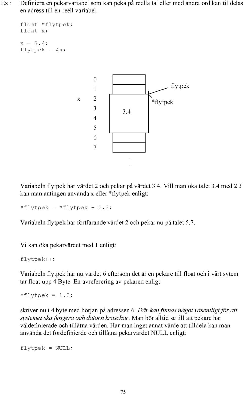 3 kan man antingen använda x eller *flytpek enligt: *flytpek = *flytpek + 2.3; Variabeln flytpek har fortfarande värdet 2 och pekar nu på talet 5.7.