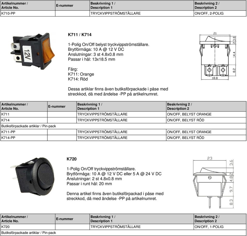 K711-PP TRYCKVIPPSTRÖMSTÄLLARE ON/OFF, BELYST ORANGE K714-PP TRYCKVIPPSTRÖMSTÄLLARE ON/OFF, BELYST RÖD K720 1-Polig On/Off
