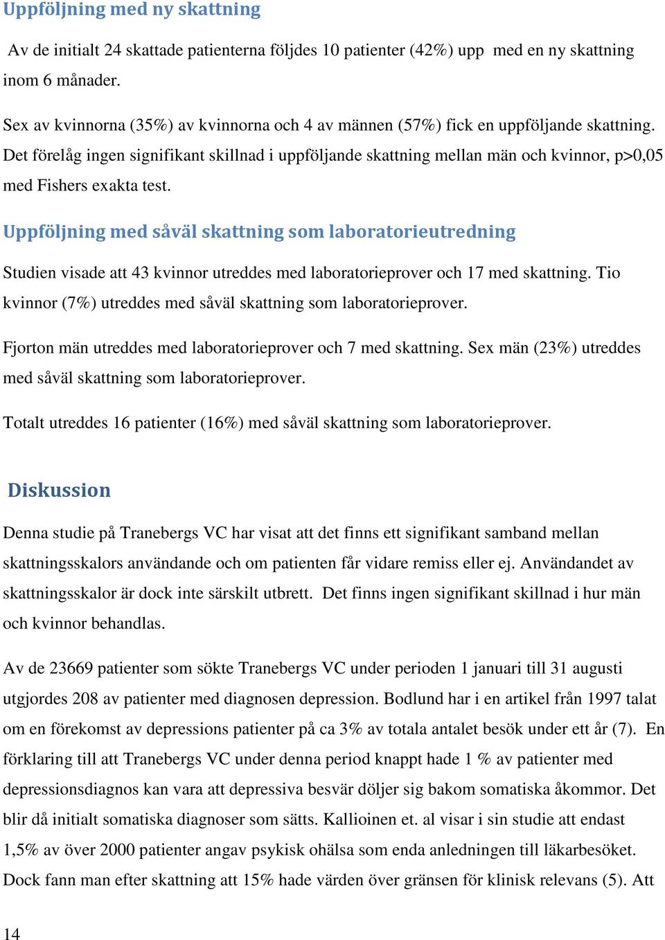 Det förelåg ingen signifikant skillnad i uppföljande skattning mellan män och kvinnor, p>0,05 med Fishers exakta test.