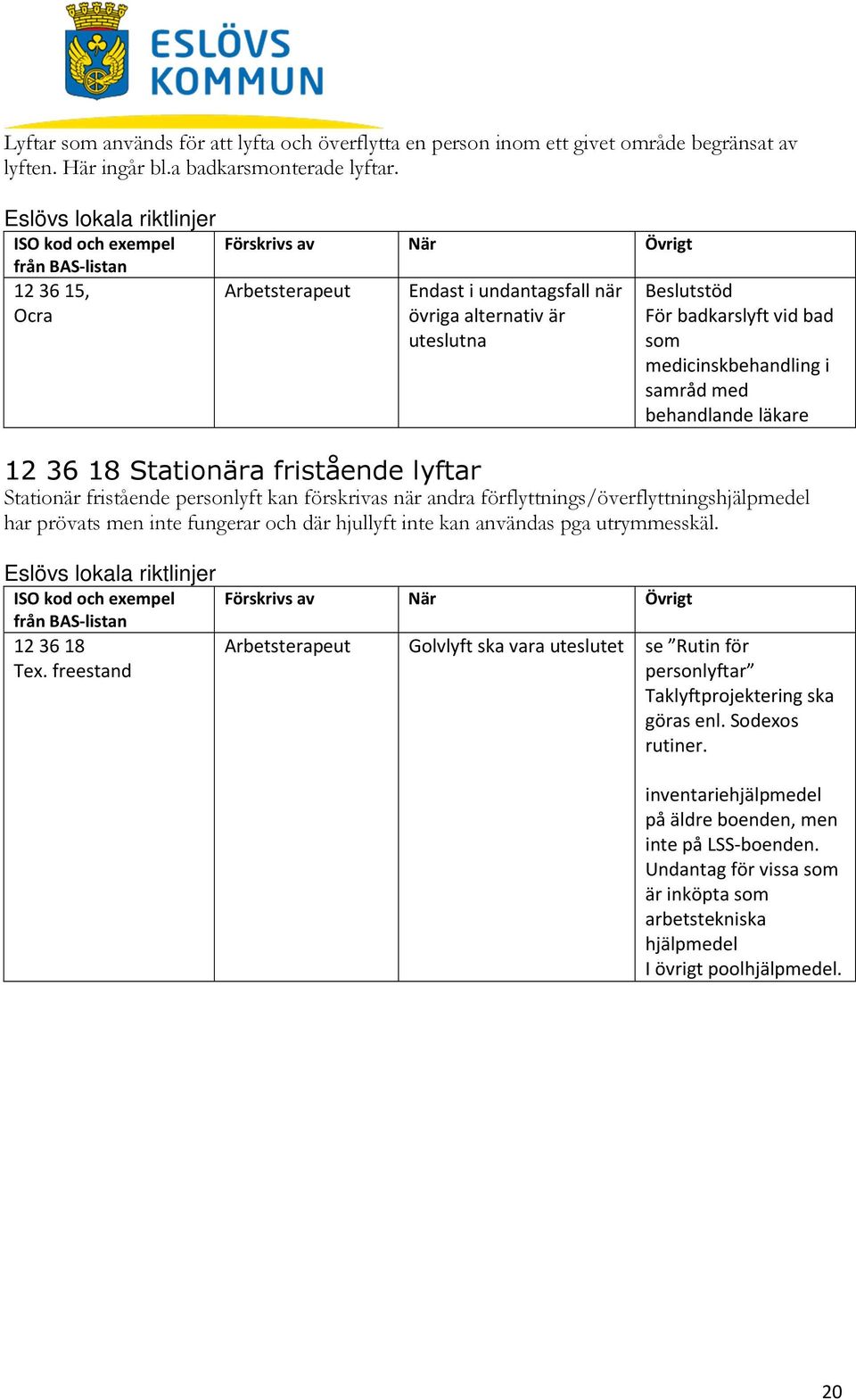 Stationär fristående personlyft kan förskrivas när andra förflyttnings/överflyttningshjälpmedel har prövats men inte fungerar och där hjullyft inte kan användas pga utrymmesskäl. 123618 Tex.