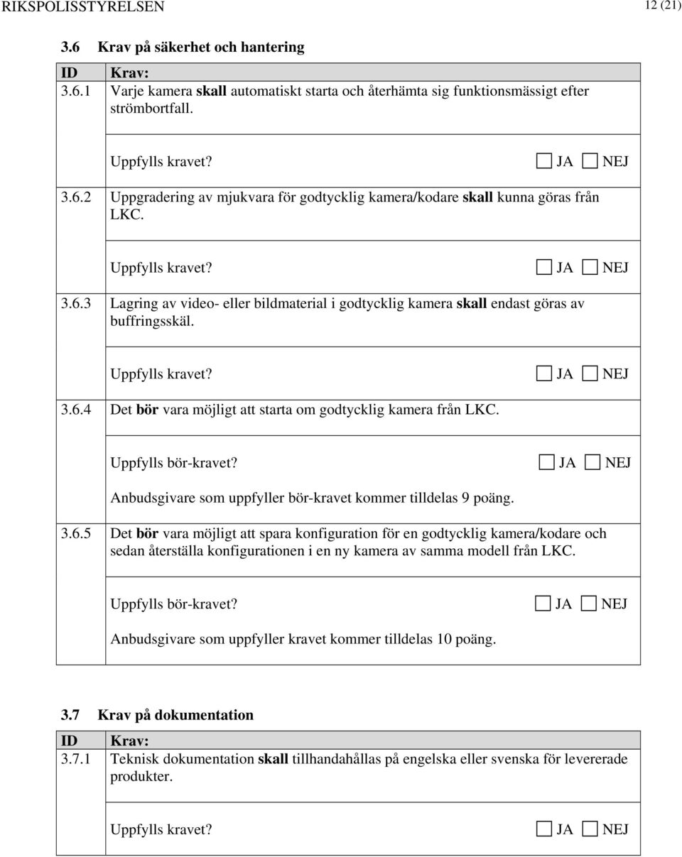 JA NEJ Anbudsgivare som uppfyller bör-kravet kommer tilldelas 9 poäng. 3.6.