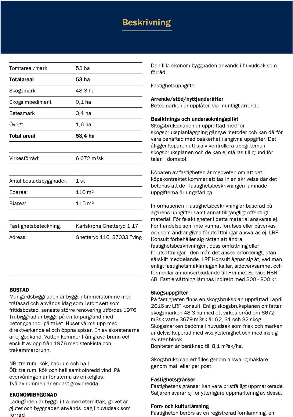 stort sett som fritidsbostad, senaste större renovering utfördes 1976. Träbyggnad är byggd på en torpargrund med betongpannor på taket. Huset värms upp med direktverkande el och öppna spisar.