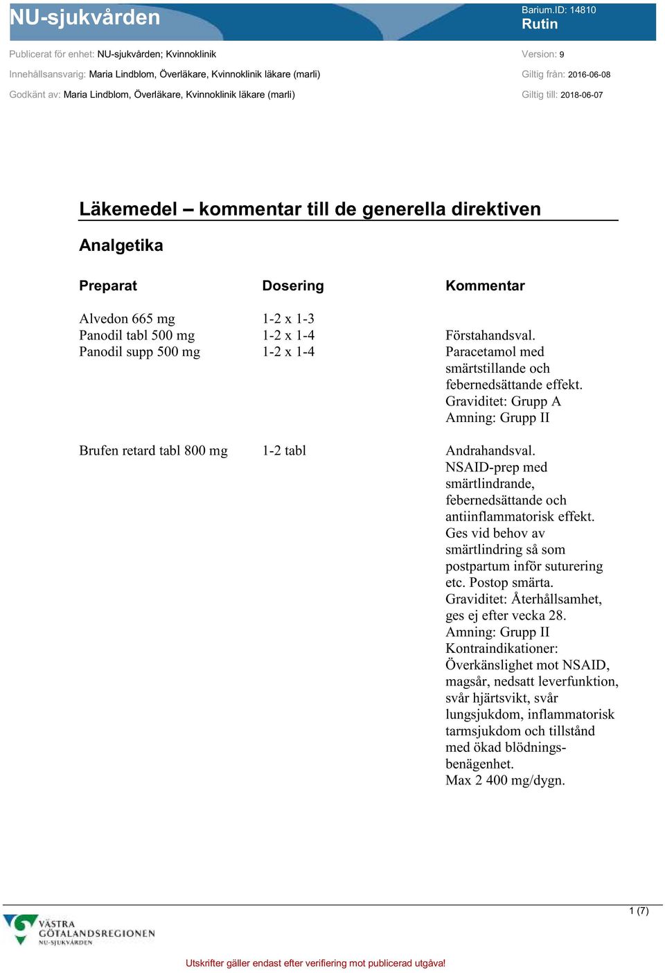 Brufen retard tabl 800 mg 1-2 x 1-3 1-2 x 1-4 1-2 x 1-4 1-2 tabl Förstahandsval. Paracetamol med smärtstillande och febernedsättande effekt. Graviditet: Grupp A Andrahandsval.