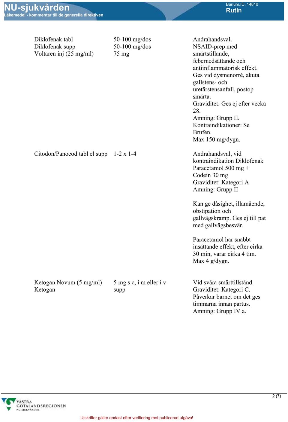 Citodon/Panocod tabl el supp 1-2 x 1-4 Andrahandsval, vid kontraindikation Diklofenak Paracetamol 500 mg + Codein 30 mg Graviditet: Kategori A Kan ge dåsighet, illamående, obstipation och