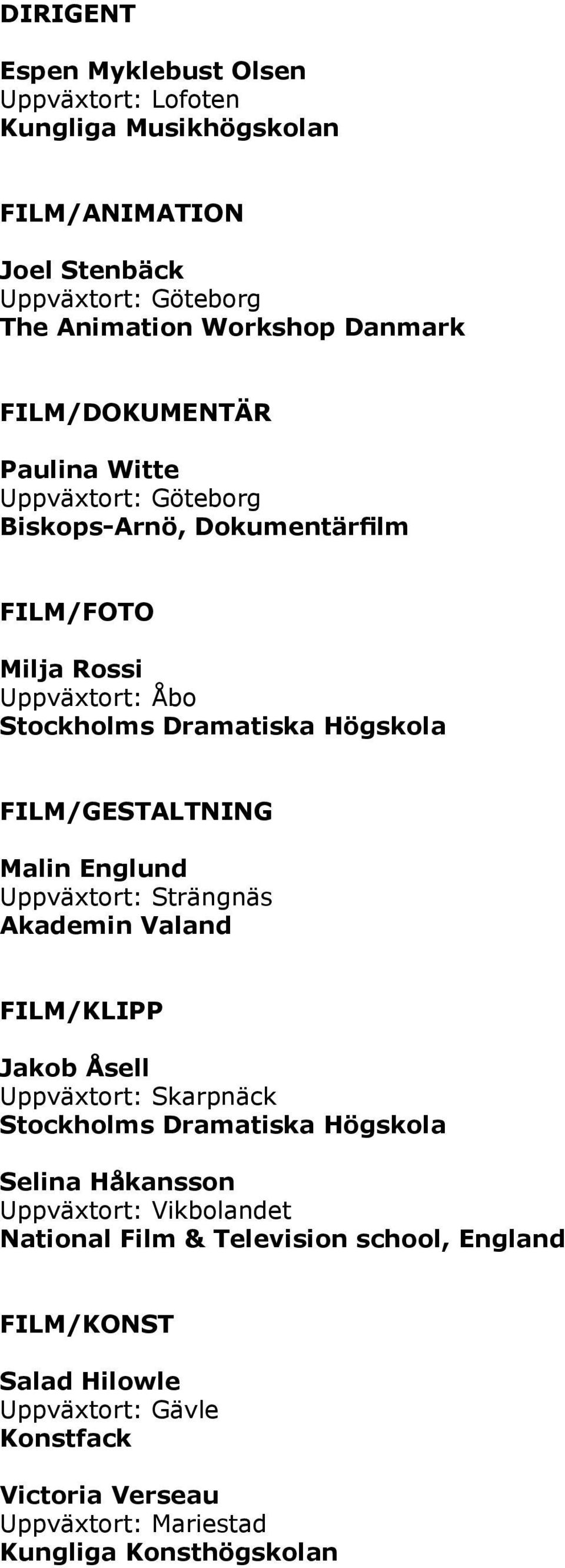 Uppväxtort: Strängnäs Akademin Valand FILM/KLIPP Jakob Åsell Uppväxtort: Skarpnäck Selina Håkansson Uppväxtort: Vikbolandet National